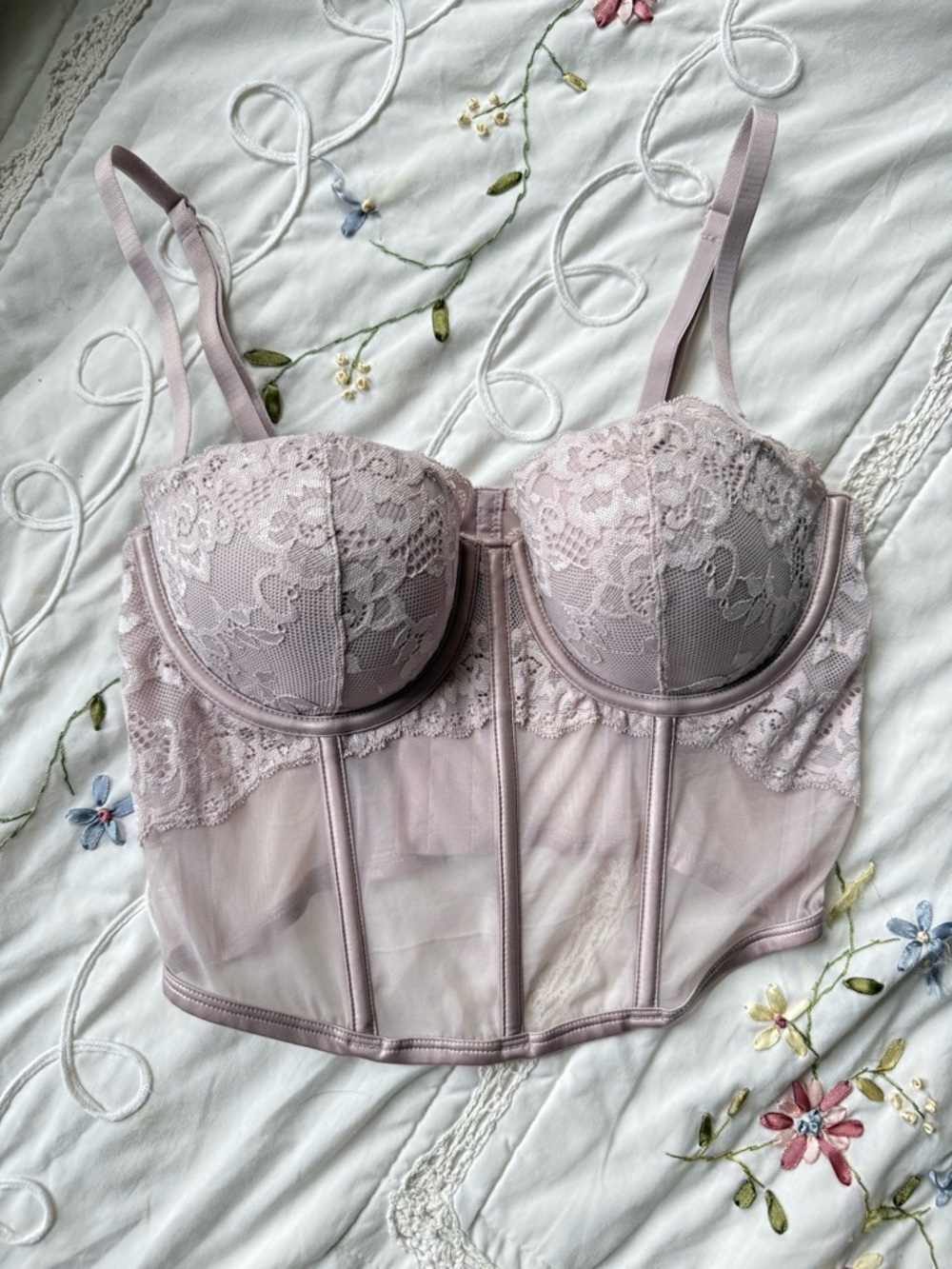 Lace Longline Bustier Bra - Dusty Mauve
